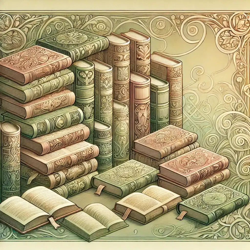 Pastelowa, bajkowa ilustracja przedstawiająca szczegółowe stosy książek z misternymi zdobieniami, symbolizujące opowieści, dyskusję i inspirację. Scena w odcieniach zieleni, beżu i złota, z miękkim, magicznym światłem nadającym ciepłą atmosferę.