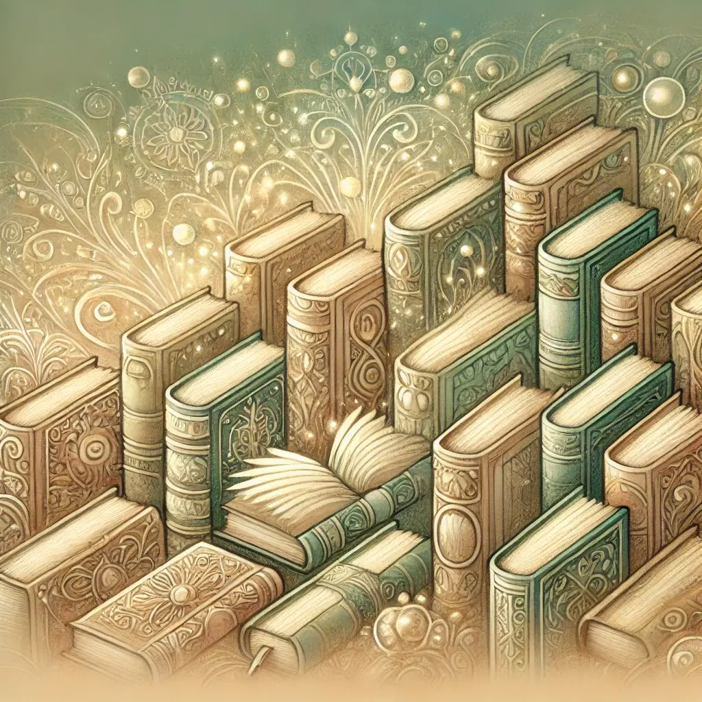 Pastelowa, bajkowa ilustracja przedstawiająca szczegółowe stosy książek z misternie zdobionymi okładkami i delikatnymi złotymi akcentami. Książki otoczone są miękkim, magicznym światłem. Scena w odcieniach zieleni, beżu i złota, tworząca przytulną i inspirującą atmosferę.