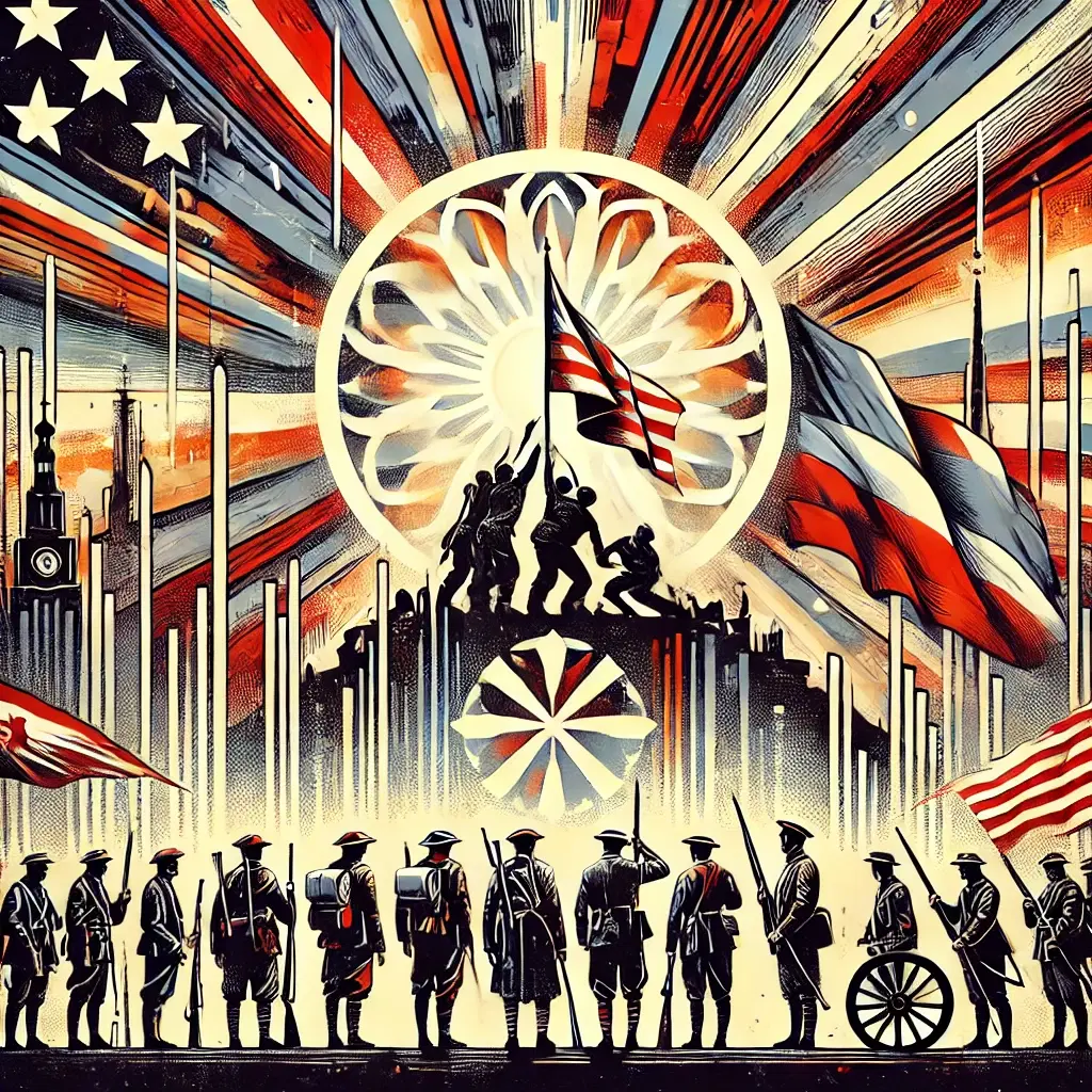 Abstrakcyjna ilustracja przedstawiająca historię rewolucji i wojen poprzez sylwetki postaci z różnych epok – rewolucjonistów, żołnierzy i myślicieli – stojących na tle delikatnych, pastelowych świateł. W tle subtelne zarysy flag, płomieni i tłumu, symbolizujące wielkie zmiany historyczne. Całość utrzymana w bajkowym, refleksyjnym stylu z ciepłym, rozproszonym światłem.